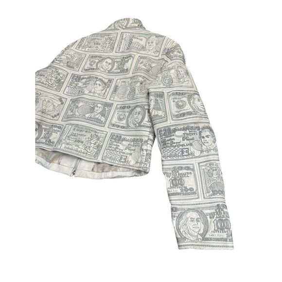VTG RARE 90s Pelle Moda White Leather Money Print Jacket Sz L Currency $$$ - Picture 8 of 16